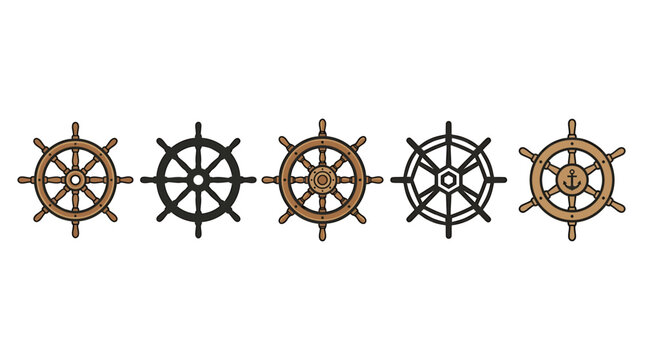 Nautical ship wheel icons, set of 5 wooden boat steering wheels, vintage maritime helm vector illustrations for sea travel branding