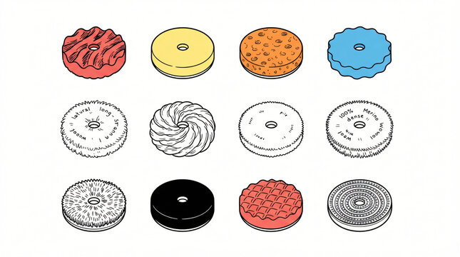 Car Detailing Polishing Pad Line Art Doodle Illustration Bundle Hand Drawn Foam Cutting Wool Compounding Microfiber Finishing Disc Hook Loop Backing Top View Minimalist Contour Strictly Textless