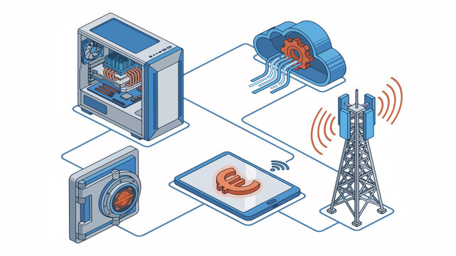 Network infrastructure connects cloud computing, secure server hardware, and mobile payment devices. Illustrations
