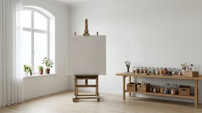 Empty canvas on wooden easel in a bright artist studio with supplies.