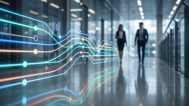 Professional business team walking down office corridor with glowing data graph overlay illustrating performance metrics and corporate growth trends in modern workplace setting