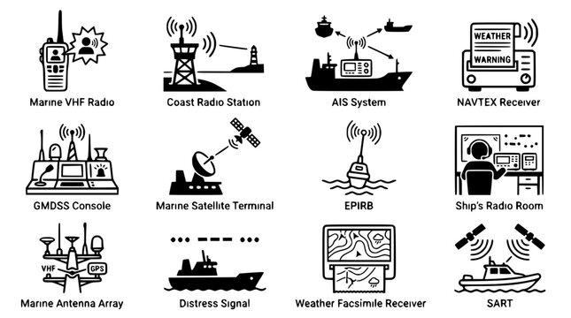 Marine Communication Technology Icons: Isolated Set for Nautical Navigation and Safety