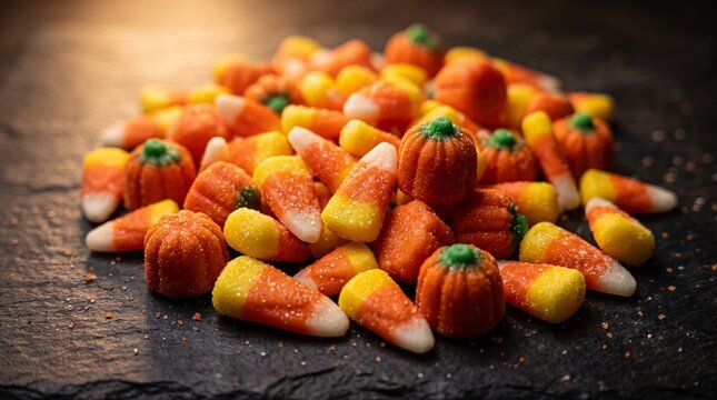 Halloween candy corn and pumpkin treats on a dark stone background