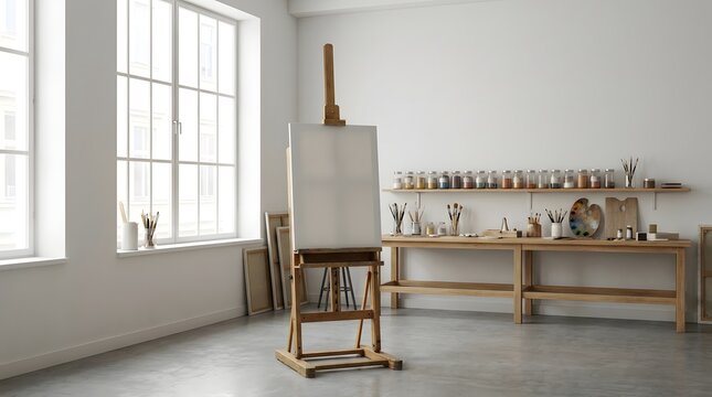 Bright artist studio with a blank canvas on a wooden easel and painting supplies.