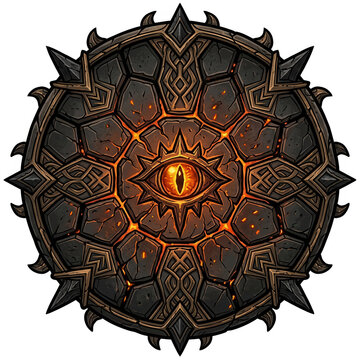 ファンタジーRPGのゲームアセットとしてデザインされた、中央に燃えるような魔眼が描かれた重厚な石造りの円形盾。ひび割れた岩の質感と溶岩のようなオレンジ色の輝きが特徴的な、ダークで神秘的な魔法のアーティファクトのイラスト。