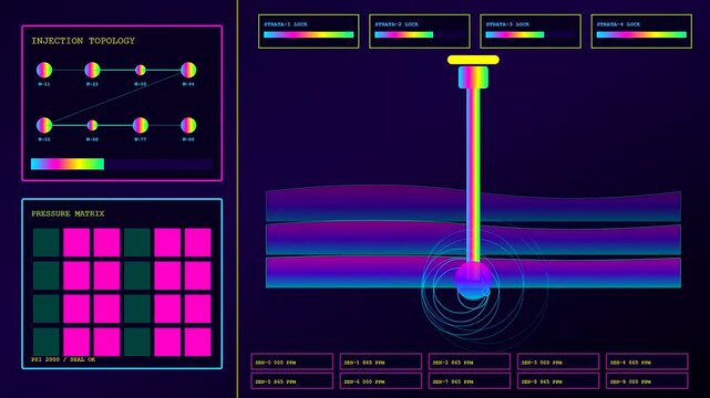 Digital carbon sequestration interface showing layers of underground soil data with glowing neon geological scans and pressure grids for monitoring geothermal energy extraction in a dark studio