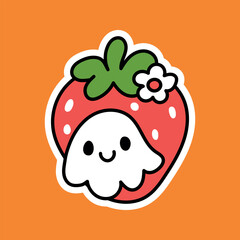 Obraz premium Adorable white ghost peeking from a red strawberry with green leaves and a small flower, cute Halloween-themed cartoon character illustration.