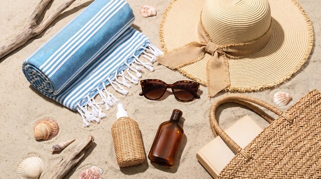 Beach Vacation Essentials: A collection of summer holiday accessories neatly arranged on a sandy beach, including a striped towel, a wide-brimmed hat, sunglasses, sunscreen, and a straw bag.