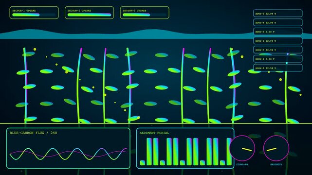 Digital carbon sequestration data analysis shown on a triple screen interface with moving seaweed plants and fluctuating green blue graphs for monitoring marine climate change ecosystem restoration