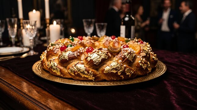 Elaborate Rosc&oacute;n de Reyes cake adorned with gold leaf and candied fruits, served on a festive table setting