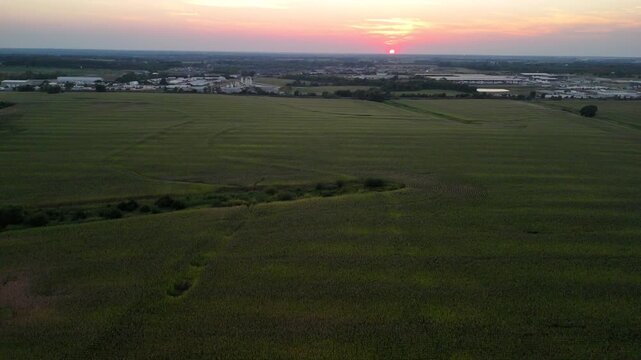 Aerial drone view vast Midwestern cornfield at sunset bordering suburban residential development and industrial infrastructure in Kansas