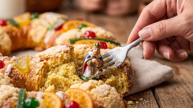 Close up of a fork lifting a piece of Rosc&oacute;n de Reyes cake revealing a small figurine of a king, celebrating Three Kings Day