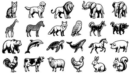 Obraz premium Vintage woodcut animal icons, set of 24 black and white wildlife and farm animal illustrations, retro engraved style nature graphics