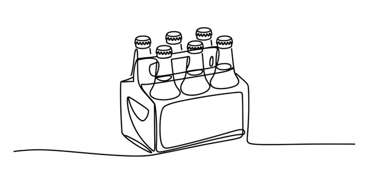 Continuous line drawing of a six pack of beer bottles