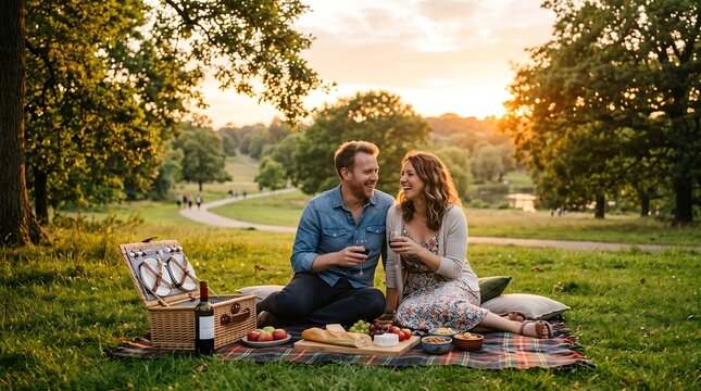 Romantic Picnic at Sunset: A couple enjoys a delightful picnic in a picturesque park as the sun sets, casting a warm, golden glow over the idyllic landscape.