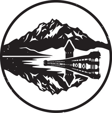 Adobe Illustrator Artwork of A minimalist flat vector icon featuring the silhouette of Mount Pilatus reflecting on Lake Lucerne, accented with iconic Chapel Bridge details. 