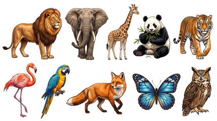 Obraz premium Wildlife animal collection with 10 detailed illustrations, realistic zoo and safari animals set, diverse fauna species on white background