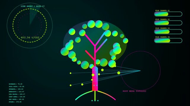 A digital data visualization depicting carbon sequestration processes within a glowing neon tree interface showing flux channels and ecological statistics for environmental sustainability research