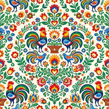 Polish folk art rooster pattern floral colorful decorative textile print.