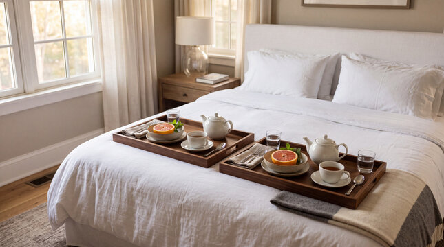 Breakfast trays with teapots and fresh fruit on a cozy white bed