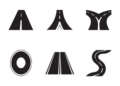 Straight winding road and circular roundabout signs collection in black silhouette style for traffic system.