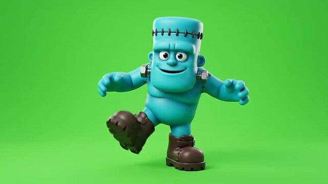 Cute blue cartoon monster dancing and walking for halloween
