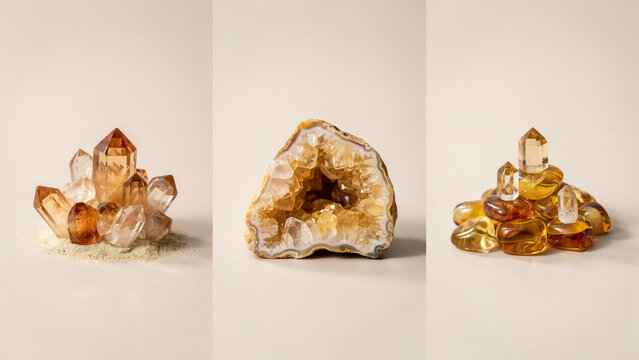 Citrine crystal clusters and geode stones on neutral background