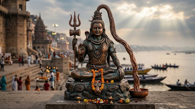 Meditating Lord Shiva Statue by River Ganges Ghat India
