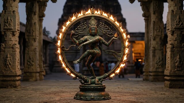 Shiva Nataraja Statue Illuminated by Fire Within Ancient Temple Ruins