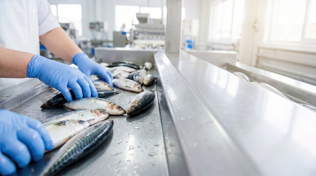 Fresh fish handling by worker in blue gloves on stainless steel processing line, seafood industry and food quality control.