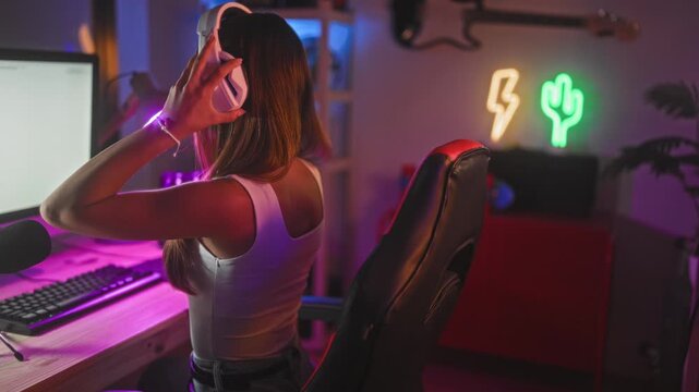 Woman holding headset and adjusting it by the computer monitor in a gaming studio with neon cactus and lightning signs and a red gaming chair; focused concentration.