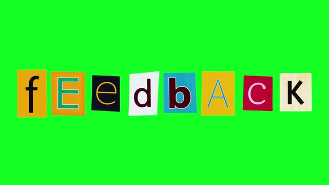 Colorful Letters Spell Feedback On Green Background, RansomStyle Cutout Letters In Mixed Fonts And Hues Creating Playful PopArt Vibe, Evokes Video Hosting And Blogging Themes, Suggests Subscription