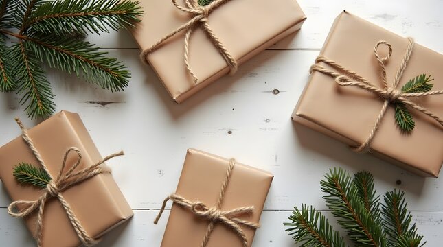 Theme Christmas, Flat lay of Christmas gifts wrapped in eco paper and jute rope