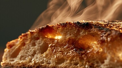 Fototapeta premium Extreme macro close up of hot fresh sourdough bread with steam rising from crust