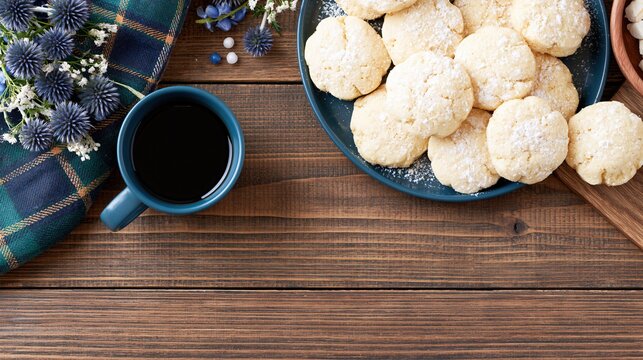 Traditional Scottish shortbread cookies with black coffee on a rustic wooden table