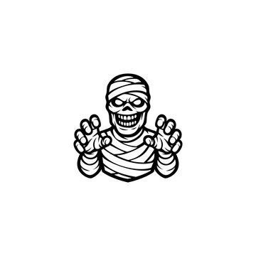 Angry Mummy Monster Vector Illustration, Black and White Halloween Mascot Logo Line Art