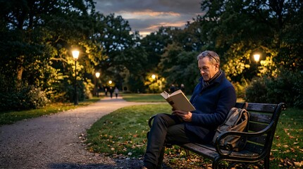 Obraz premium Peaceful Middle-Aged Man Sitting on a Wooden Park Bench at Dusk, Reading a Book Under the Warm Glow of Streetlights in a Quiet Autumn Park with Fallen Leaves and a Serene Evening Atmosphere.