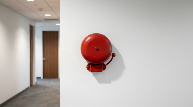 Red Industrial Fire Alarm Bell Mounted on a Clean White Wall in a Modern Office Hallway; Minimalist Safety Equipment for Emergency Alerts in a Professional Building Interior with Copy Space