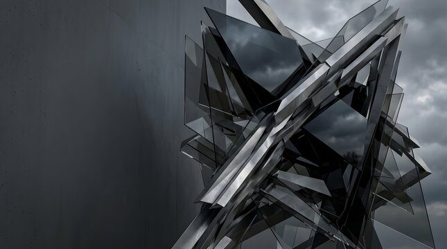 Sharp angular metallic plates and tinted glass geometric sculpture mounted on a dark grey concrete wall under a moody sky with left copy space.
