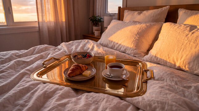 Cozy morning breakfast in bed with golden tray and warm sunrise light