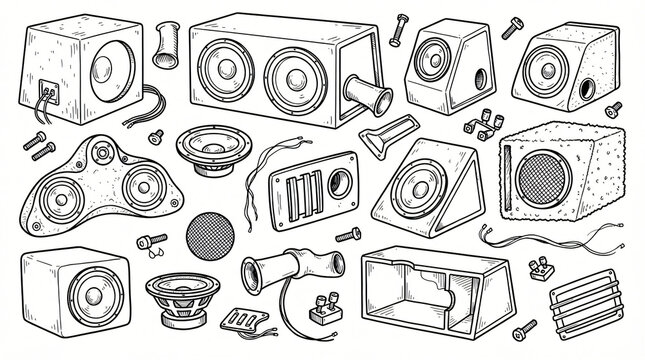 Car Subwoofer Enclosure Speaker Pod Hand Drawn Line Art Doodle Pack Ported Sealed MDF Box Bass Reflex Port Fiberglass Door Pod Carpeted Stealth Box Contour Retro Style Strictly Textless White