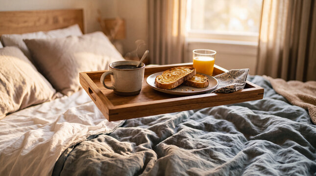 Cozy morning breakfast tray with hot coffee and toast on comfortable bed
