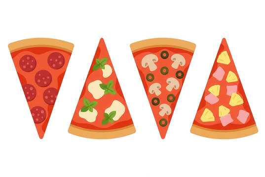 Zestaw czterech r&oacute;żnych kawałk&oacute;w pizzy z pepperoni, mozzarellą i bazylią, pieczarkami z oliwkami oraz hawajską z ananasem i szynką, przedstawionych jako płaska ilustracja wektorowa na białym tle.