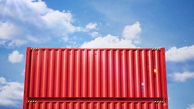 Commercial cargo delivery, red steel container against blue sky with clouds. 3d render.
