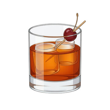 Ilustracja wektorowa szklanki typu old fashioned z bursztynowym koktajlem alkoholowym, dwiema kostkami lodu oraz czerwoną wisienką koktajlową na wykałaczce, na czystym białym tle.