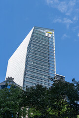 Obraz premium Toronto, Ontario, Canada - September 7, 2026: EY Canada's national headquarters is located at the EY Tower in Toronto, Ontario, Canada. EY, previously known as Ernst and Young, is a British multinati