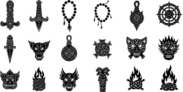Tribal ethnic tattoo icons set, 18 black vector symbols of daggers and masks, spiritual occult ornaments for graphic design