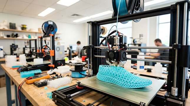 Advanced 3D printer extruding a bright blue lattice-patterned sneaker in a modern prototyping lab, showcasing intricate plastic details and additive manufacturing in a professional workshop.