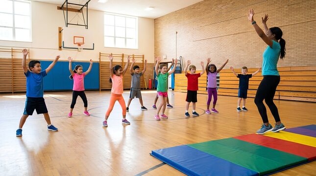 A diverse group of elementary school children in colorful athletic wear follow a female instructor's dance moves with arms raised during a physical education class in a bright indoor gym.