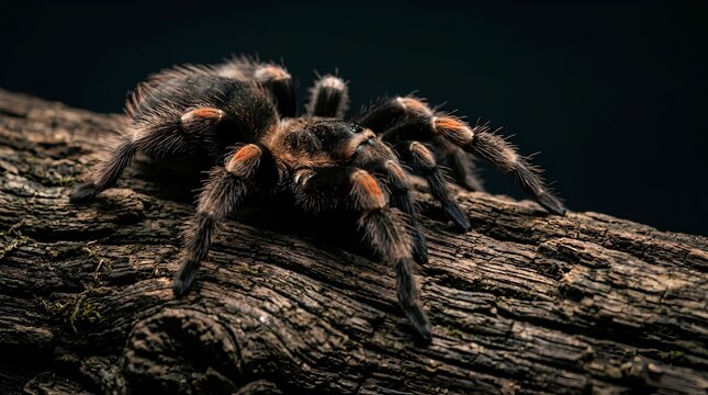 Hairy tarantula spider crawling on weathered wood log, dark studio background, sharp detail, hairy legs, orange-tinged carapace, predatory arachnid close-up, exotic pet wildlife